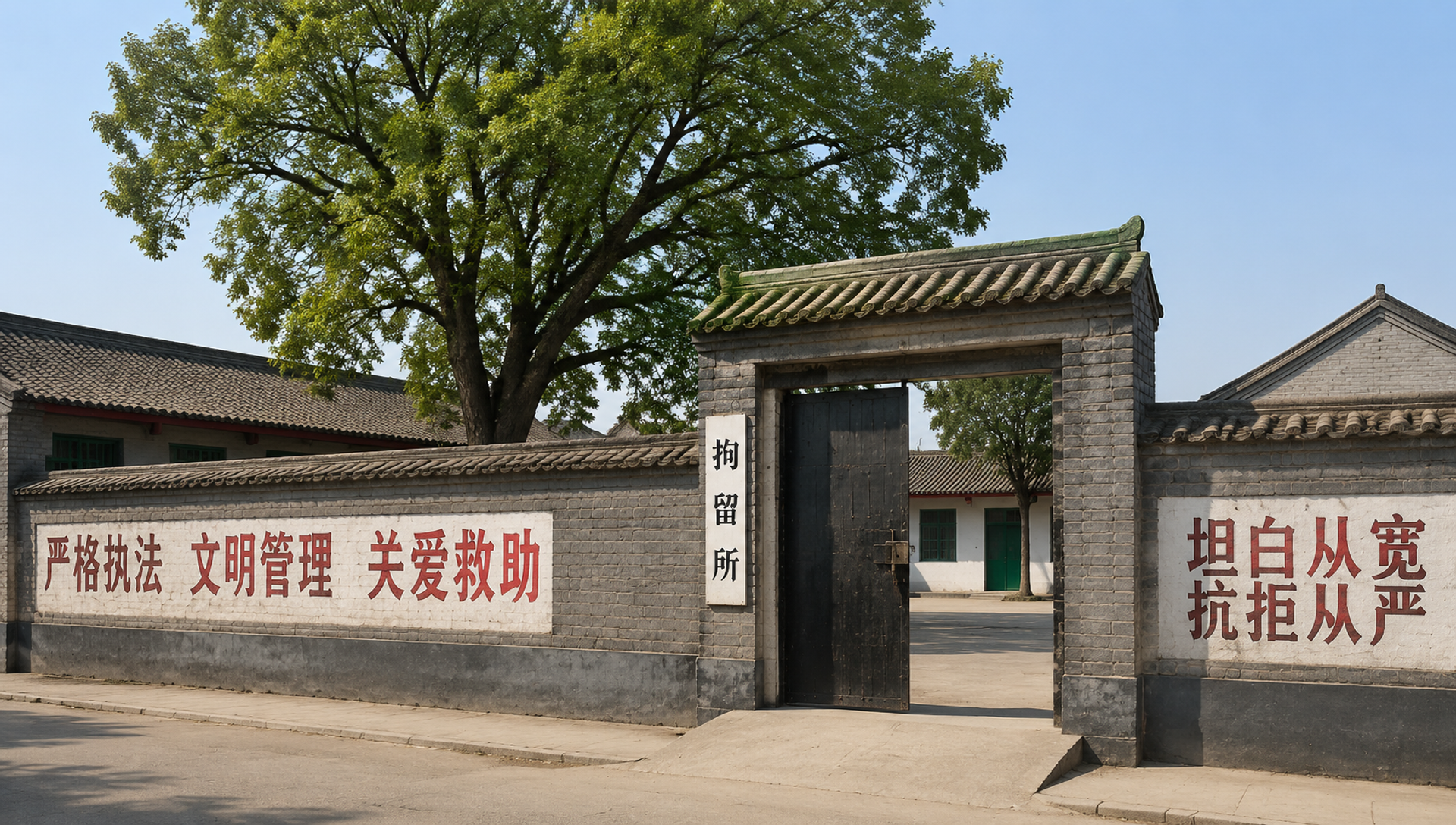中国老县城治安拘留所室外全景，县城城区院落，红砖…