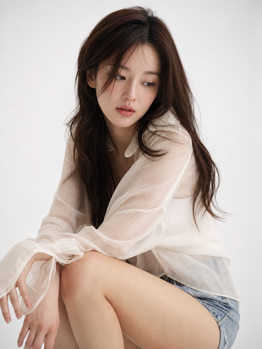 半身照长发短裤美女柔和工作室摄影漫射光干净白色背…