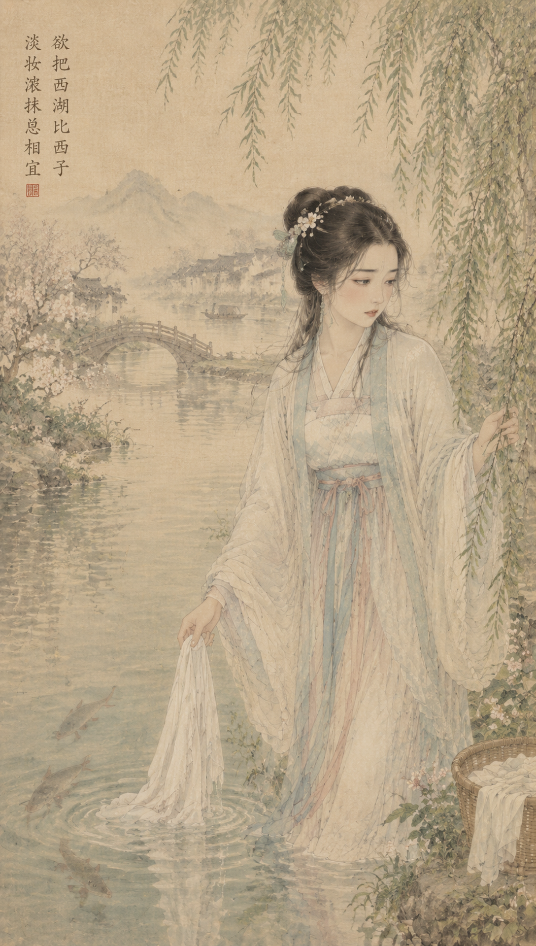 中国古典工笔人物画，西施沉鱼，四大古代美人系列，…