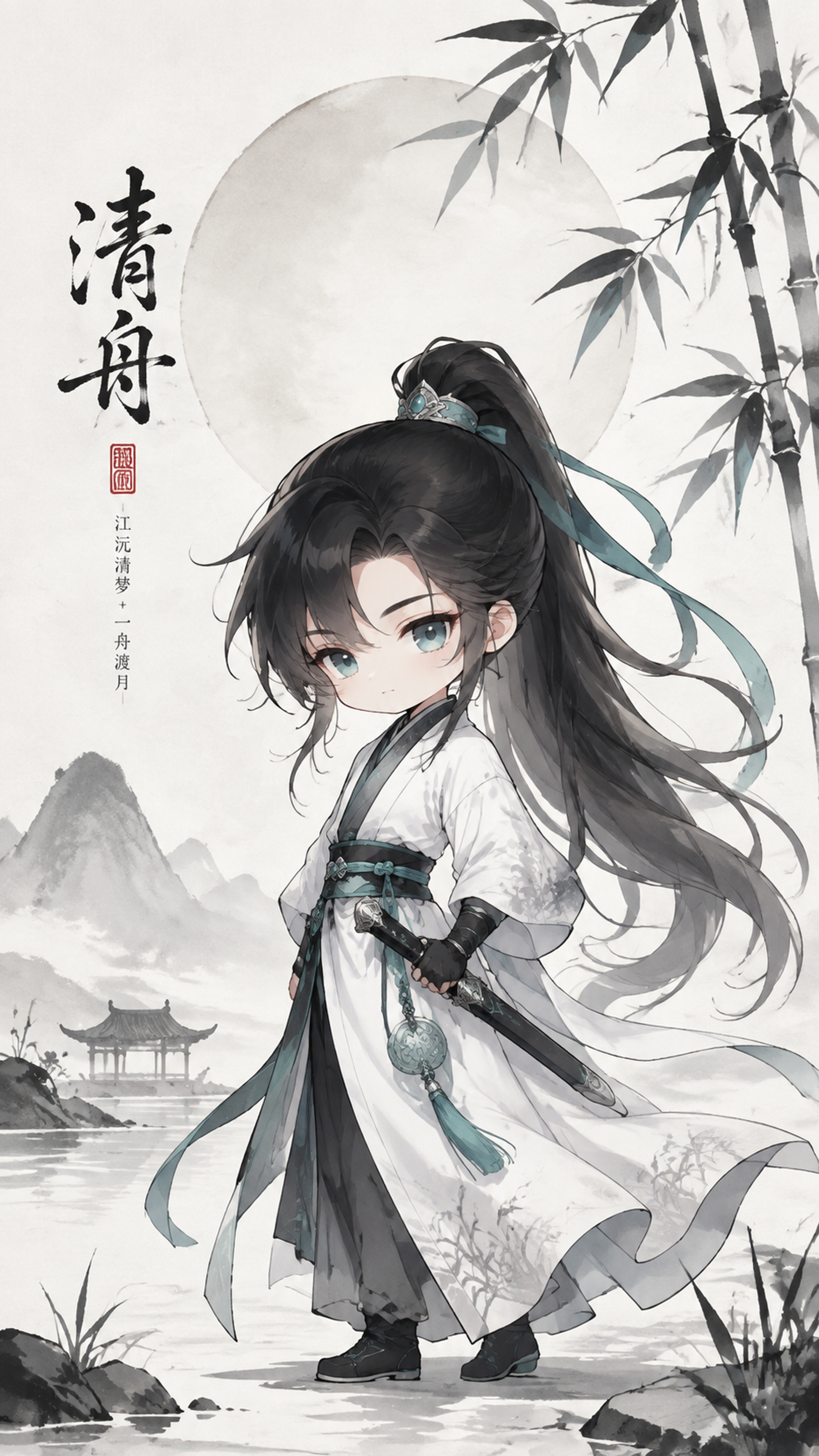 {角色}，水墨质感 Chibi 同人插画海报，现…