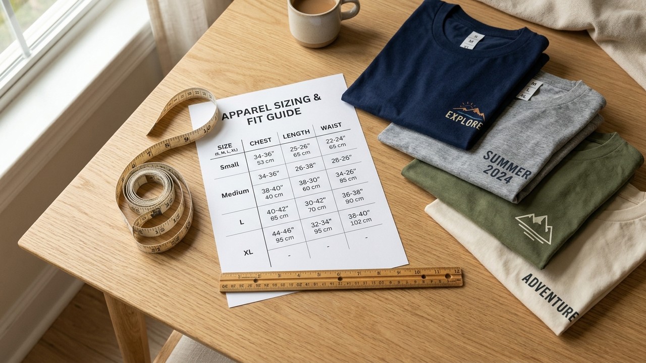Measuring tape, size chart, and folded graphic tees on a studio table