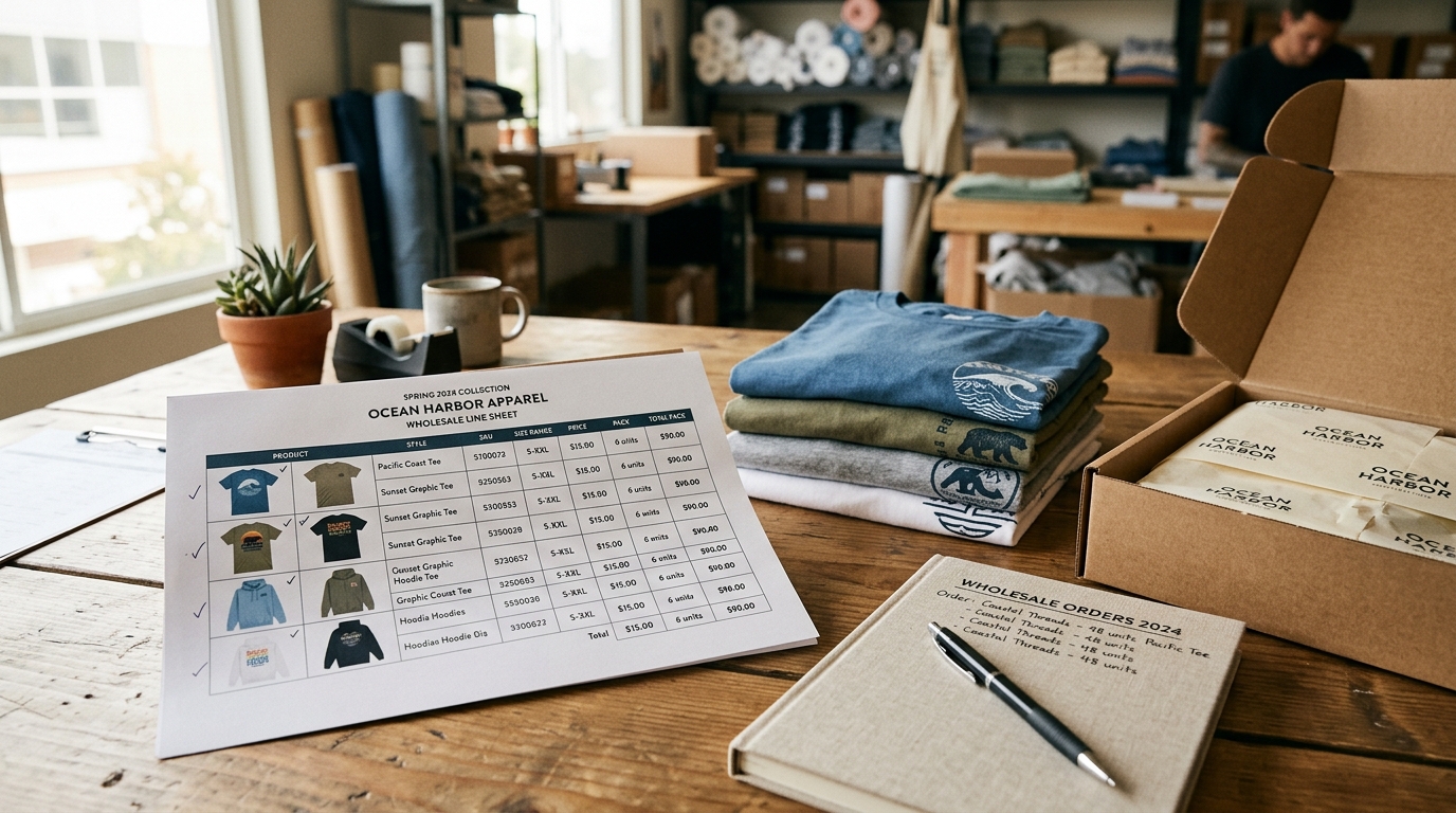 Folded graphic tees stacked beside a printed wholesale line sheet and packing materials