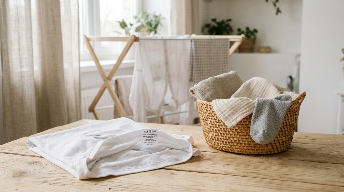 Printed t-shirt turned inside out beside a laundry basket and care label