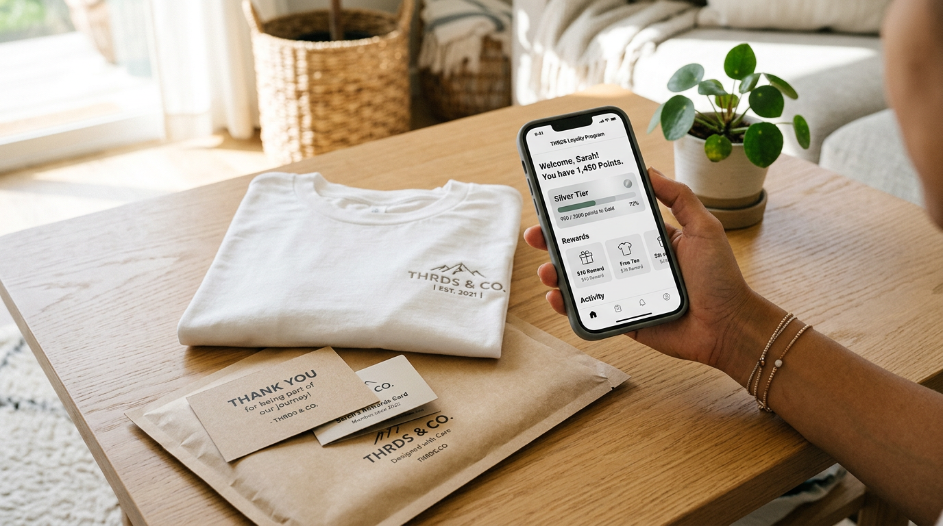 Phone showing a loyalty rewards screen beside folded apparel and a thank-you card