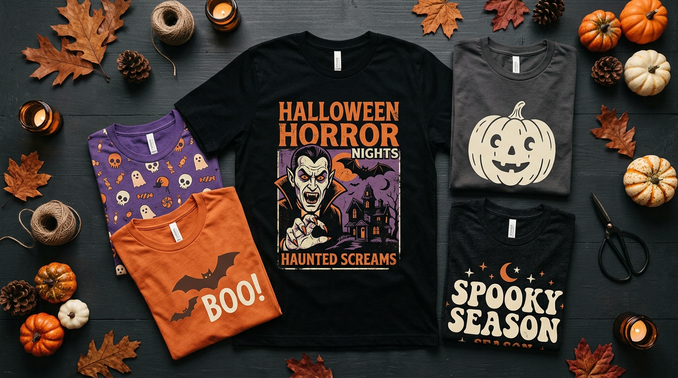 Halloween graphic t-shirts in orange and purple laid out in a flat lay