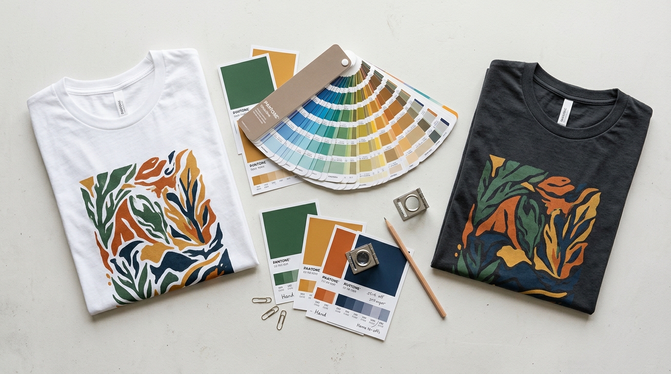 Pantone colour fan, printed colour swatches and a printed t-shirt compared under daylight