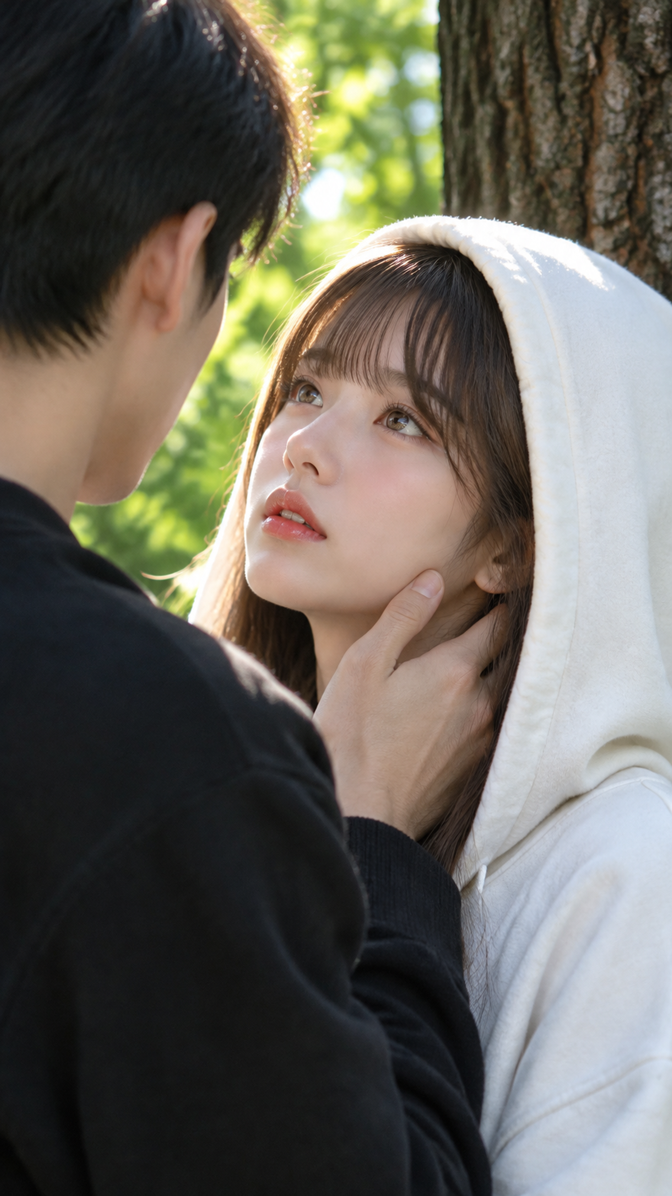 特写镜头，平视机位，浅景深，焦点精准锁定在右侧女…