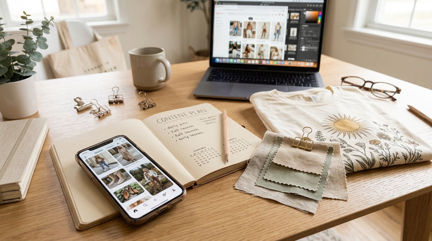 Phone showing a Pinterest grid of apparel pins beside fabric swatches and a notebook