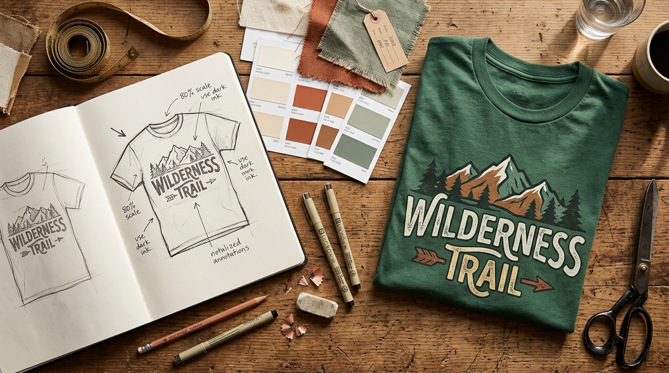 Designer's desk with pencil sketches, colour swatches and a finished printed t-shirt