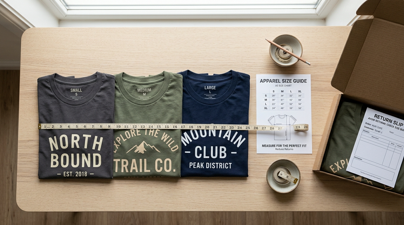 Folded graphic t-shirts in several sizes beside a measuring tape and a sizing chart