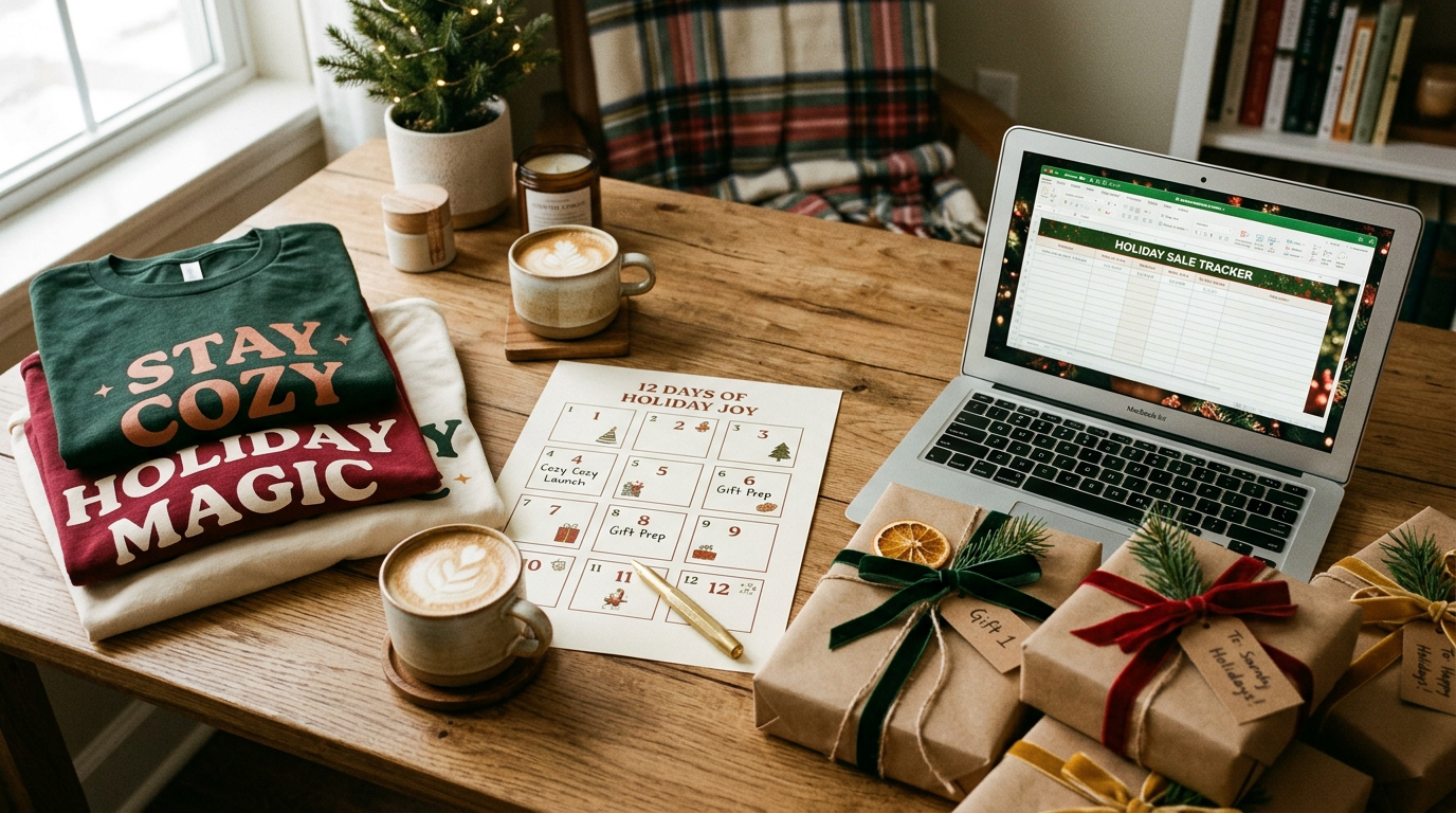 Holiday sale planning desk with a 12-day calendar, wrapped parcels and folded graphic t-shirts