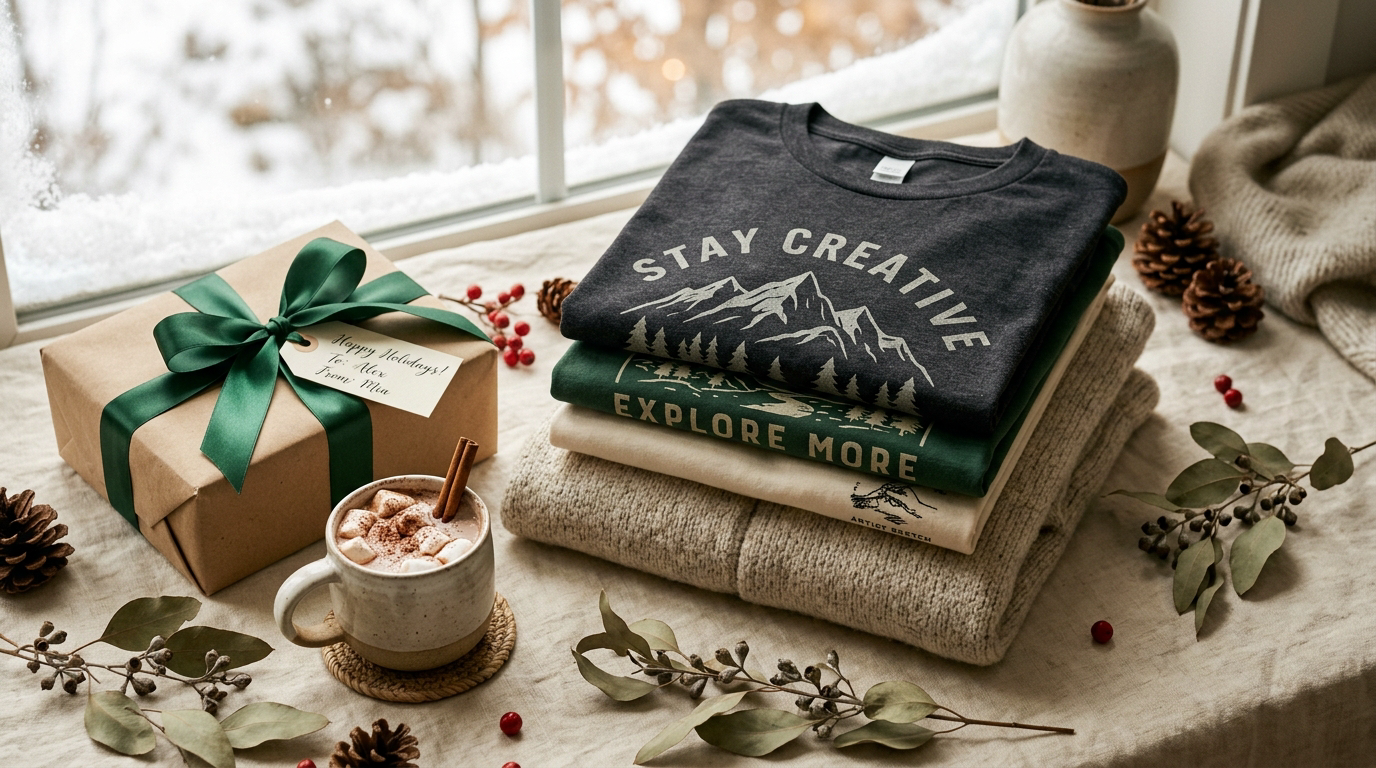 Holiday gift styling with folded graphic t-shirts, kraft wrapping paper and a ribbon