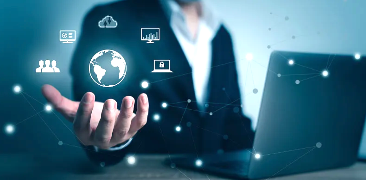 Digital commerce technology with a laptop, global network and analytics symbols